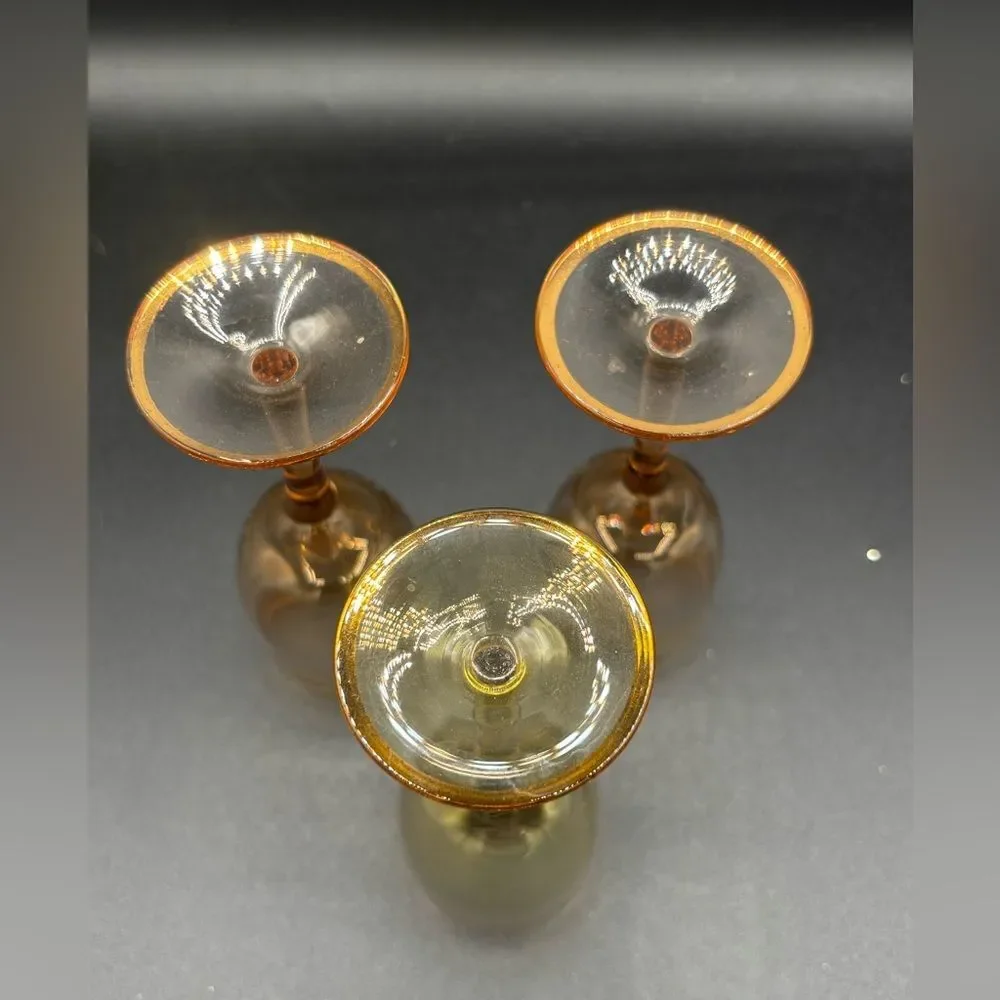 Vtg. (3) Amber Optic Gold Trim Sherry Cordial Stem Glasses Orange Yellow MCM